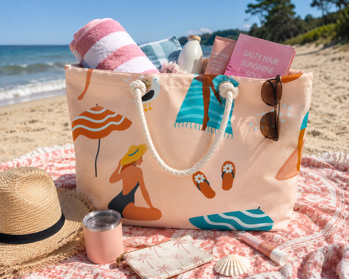 Seaside Escape Beach Tote Bag – Large Coastal Summer Carryall