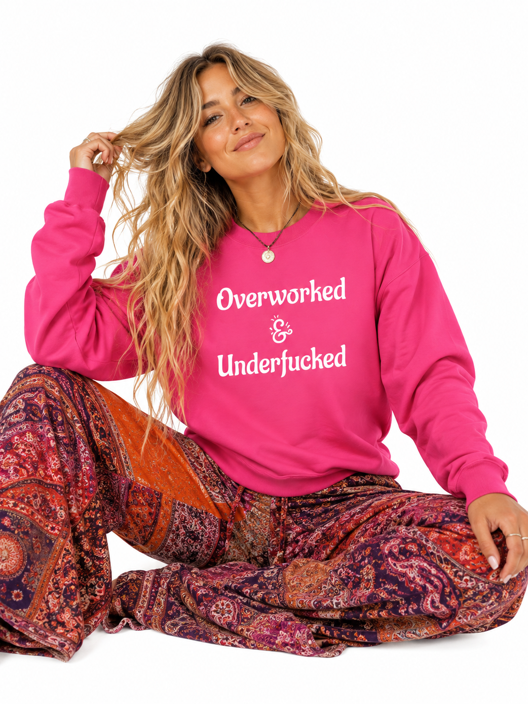 Overworked & Underfucked Women’s Funny Pink Crewneck Sweatshirt